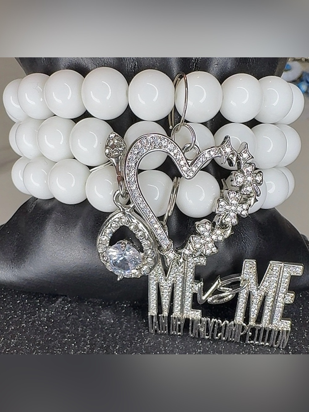 White Beaded Stretch Bracelets with Sparkling Heart & ME VS Me Charm